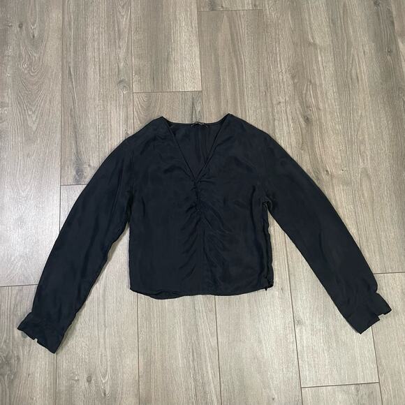 Madewell Brushed Ruched Front V Neck Long Sleeve Cupro Top US Women's 00 New - Picture 3 of 7